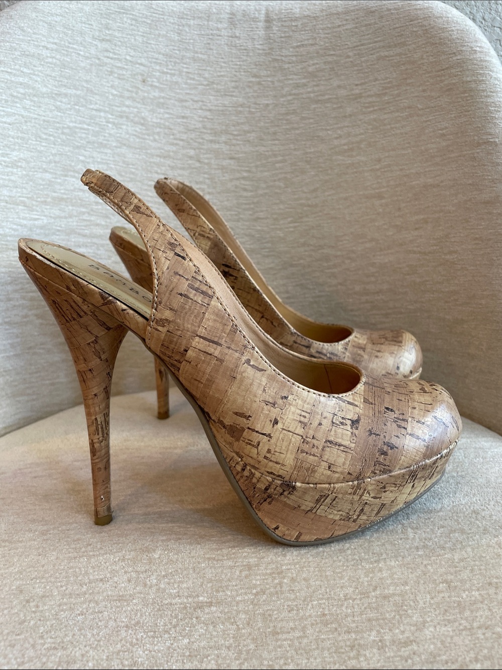 BAMBOO Cork-Print Platform Slingback Pumps - Natural